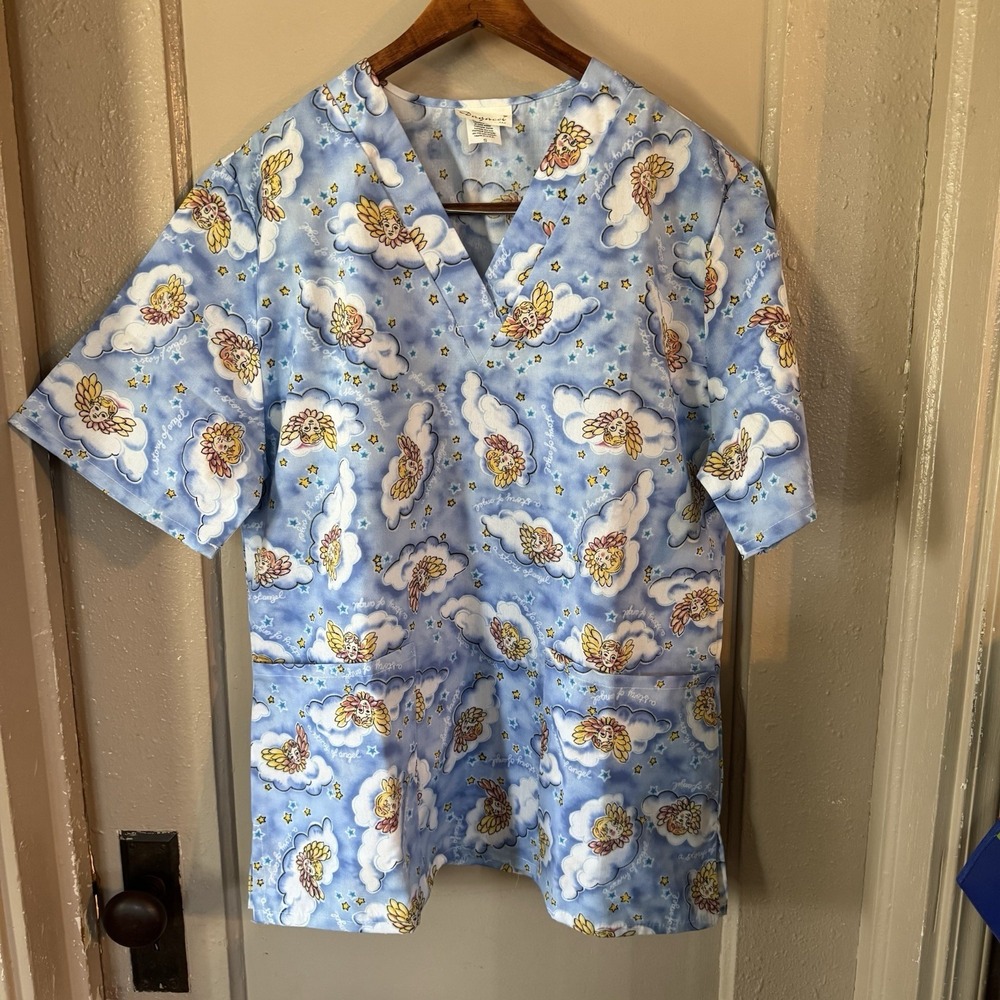 Dagacci Vintage Cherub Angel Clouds Scrub Top Women's S‎ Blue Made In USA